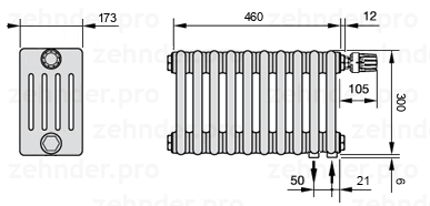 Схема (чертеж) Радиатор Zehnder Charleston 5030/10 №V002 Белый глянцевый RAL 9016